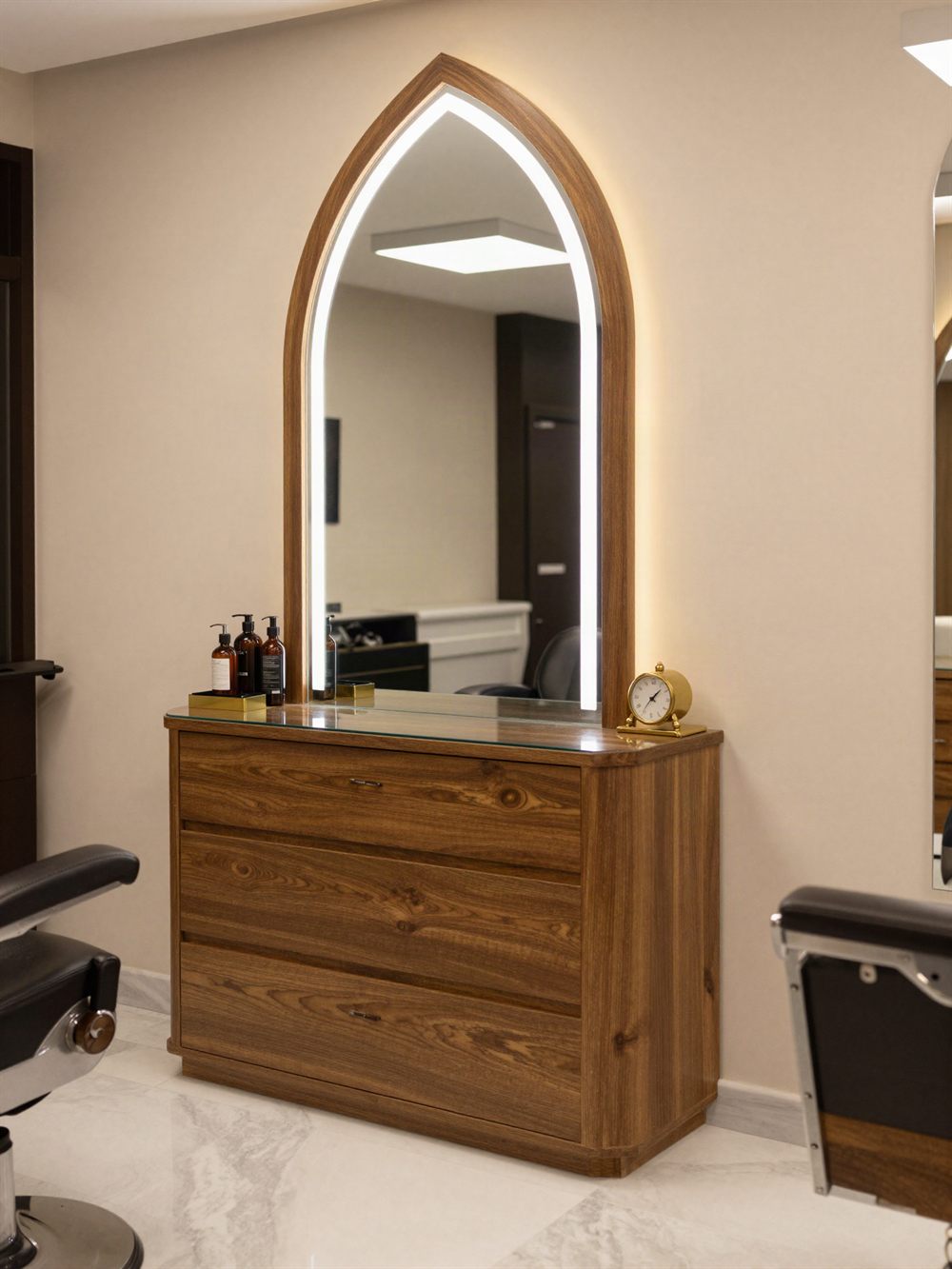 A barber station framed by a pointed arch