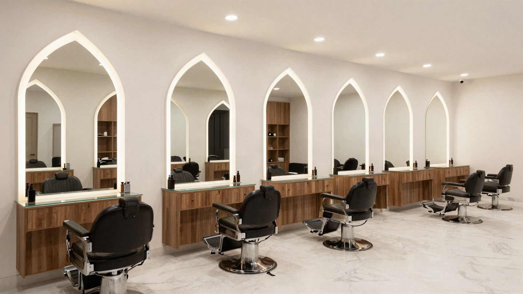The row of arched barber stations