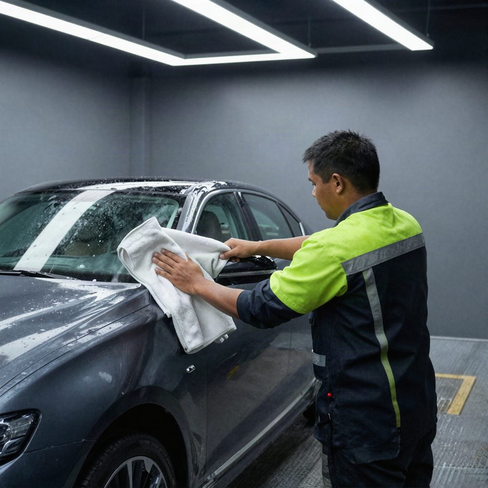 Hand drying a car with plush microfiber