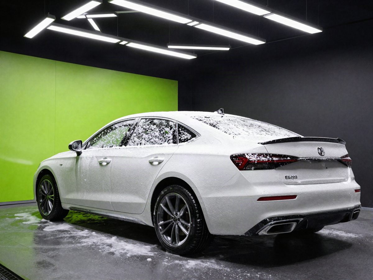 Sedan blanketed in snow foam under the chevron lights