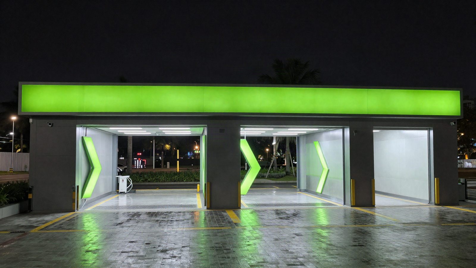 The frontage lit up at night