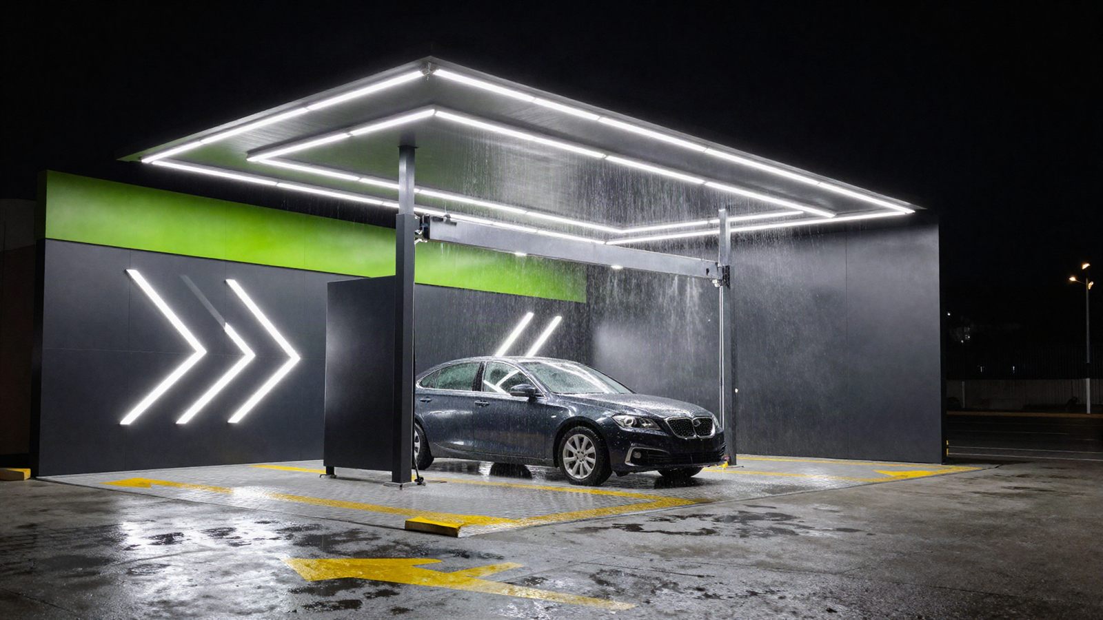 Eco Car Wash bay at night under chevron LED lights
