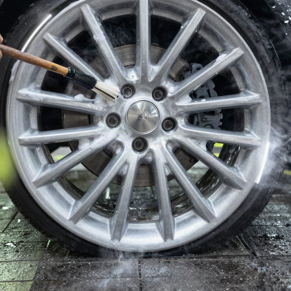 Alloy wheel being cleaned with foam and brush
