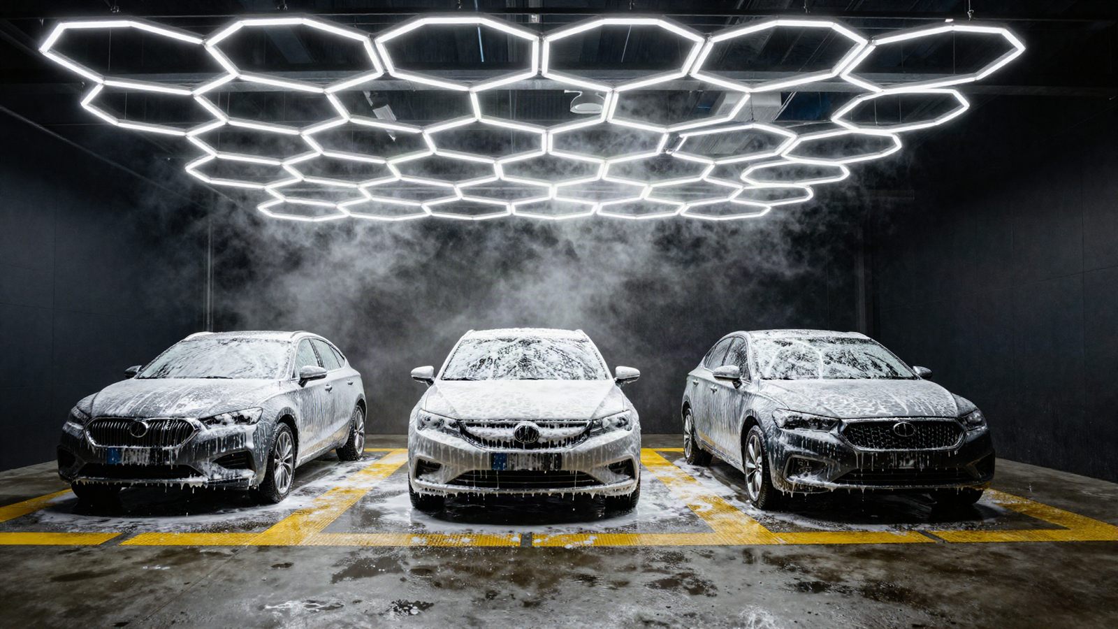 Three cars covered in snow foam under the hexagon LED ceiling