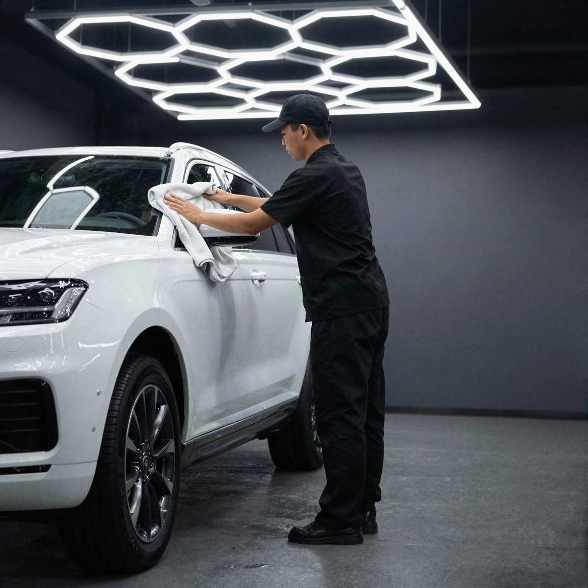 Technician hand drying a white SUV with microfiber
