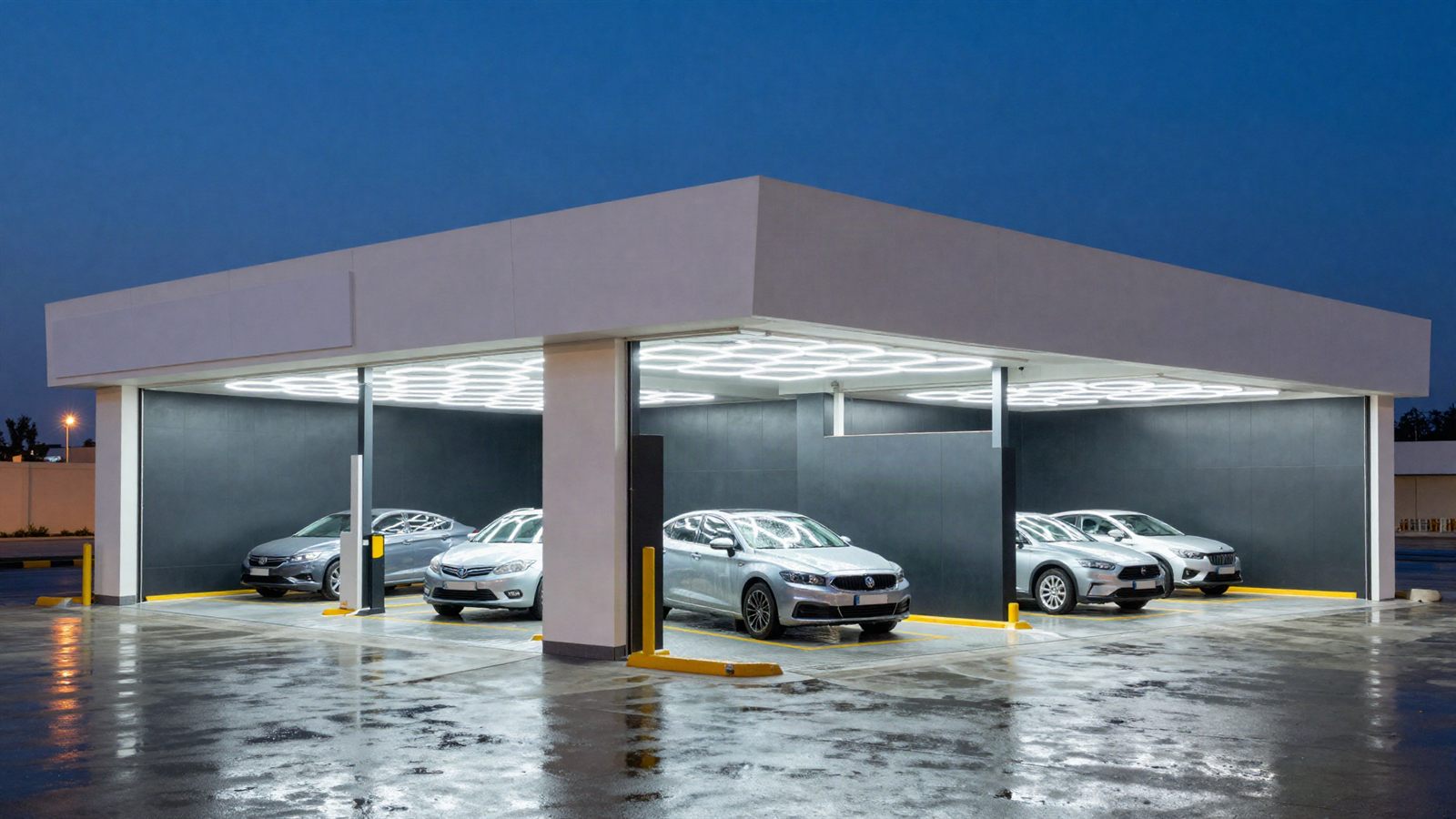 Kleza Car Wash three bay facility glowing at dusk