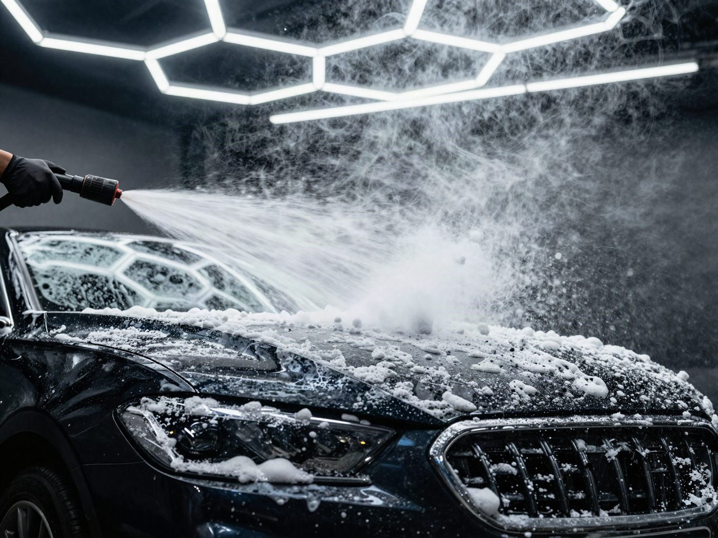 Foam cannon covering a black sedan in snow foam