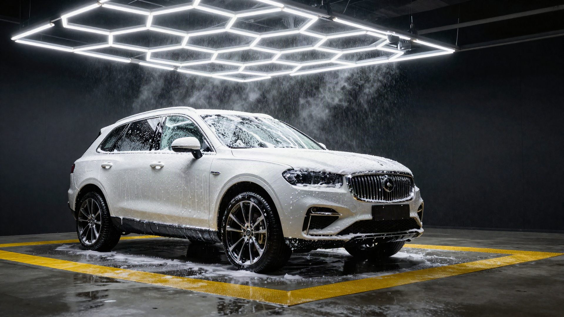 Luxury SUV covered in snow foam under hexagon LED lights at Kleza Car Wash