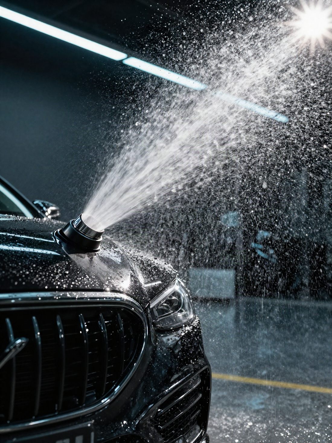 High pressure water jet on glossy black paint