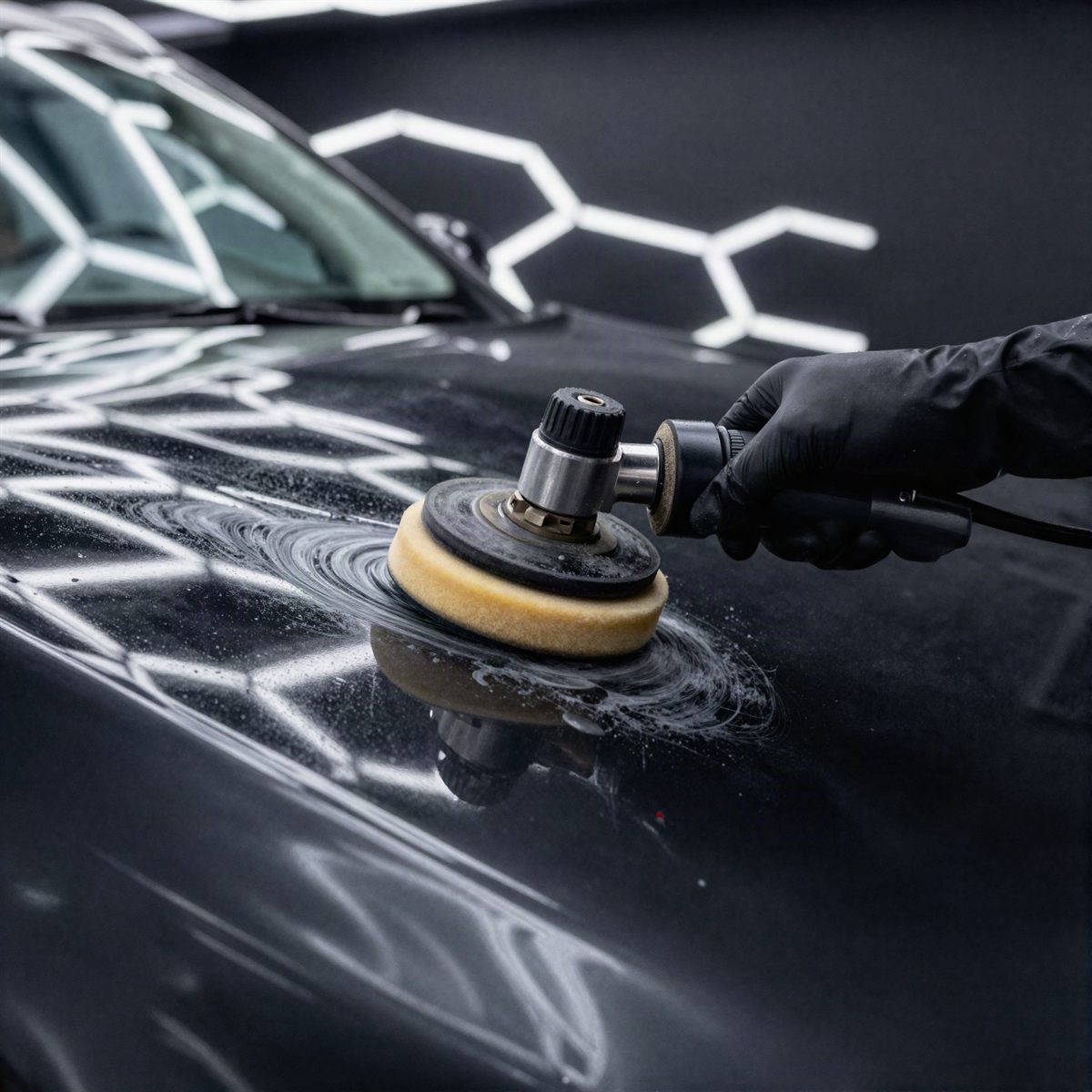 Machine polishing glossy black paint