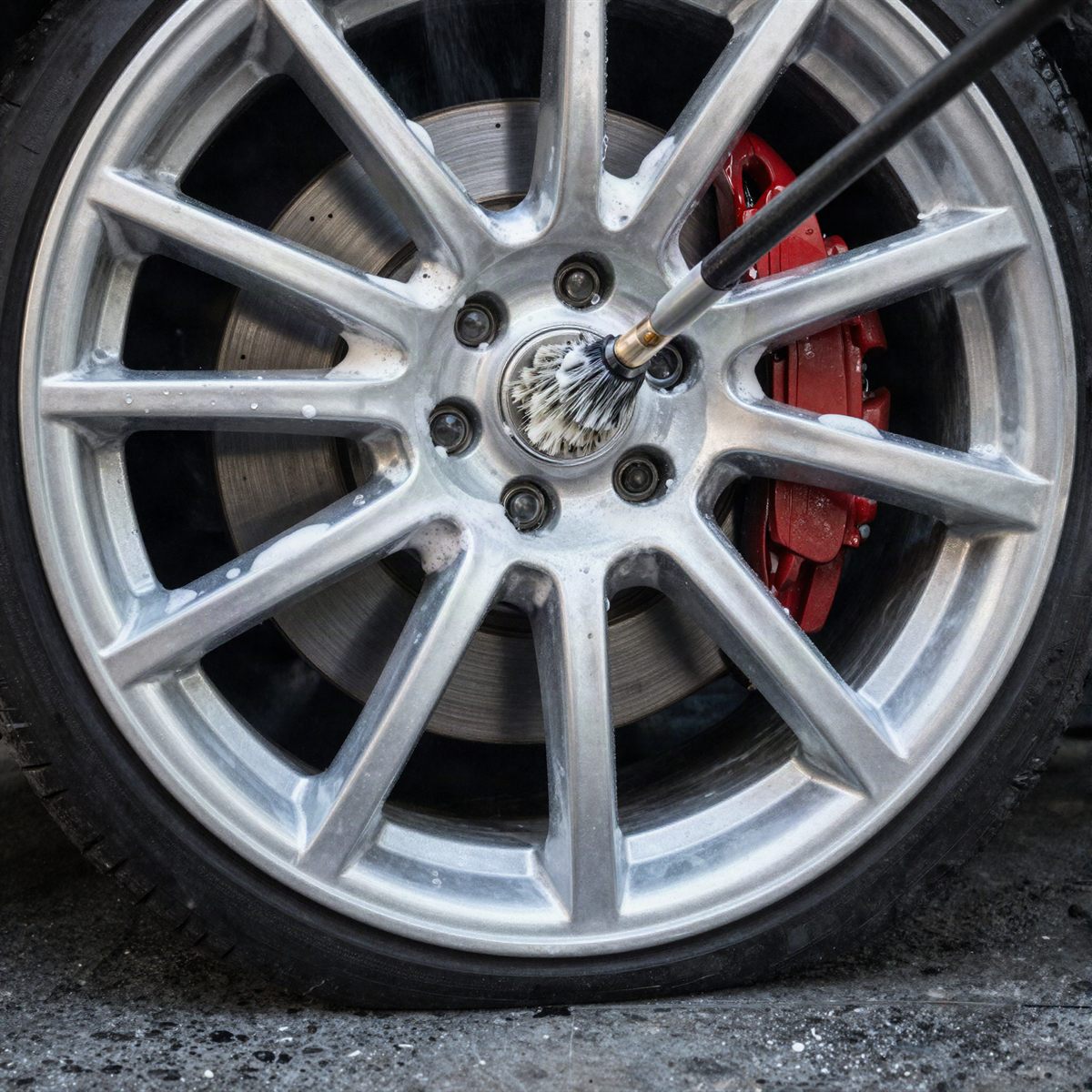 Chrome alloy wheel being cleaned with foam and brush